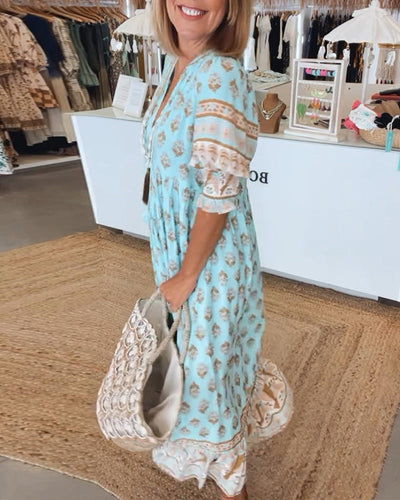 GIULIA | Chic Midi Dress with V-Neck and Puff Sleeves
