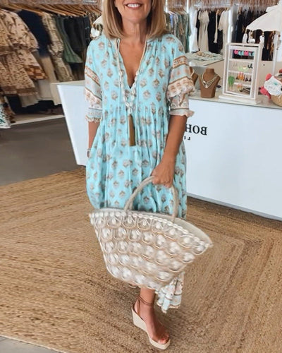 GIULIA | Chic Midi Dress with V-Neck and Puff Sleeves