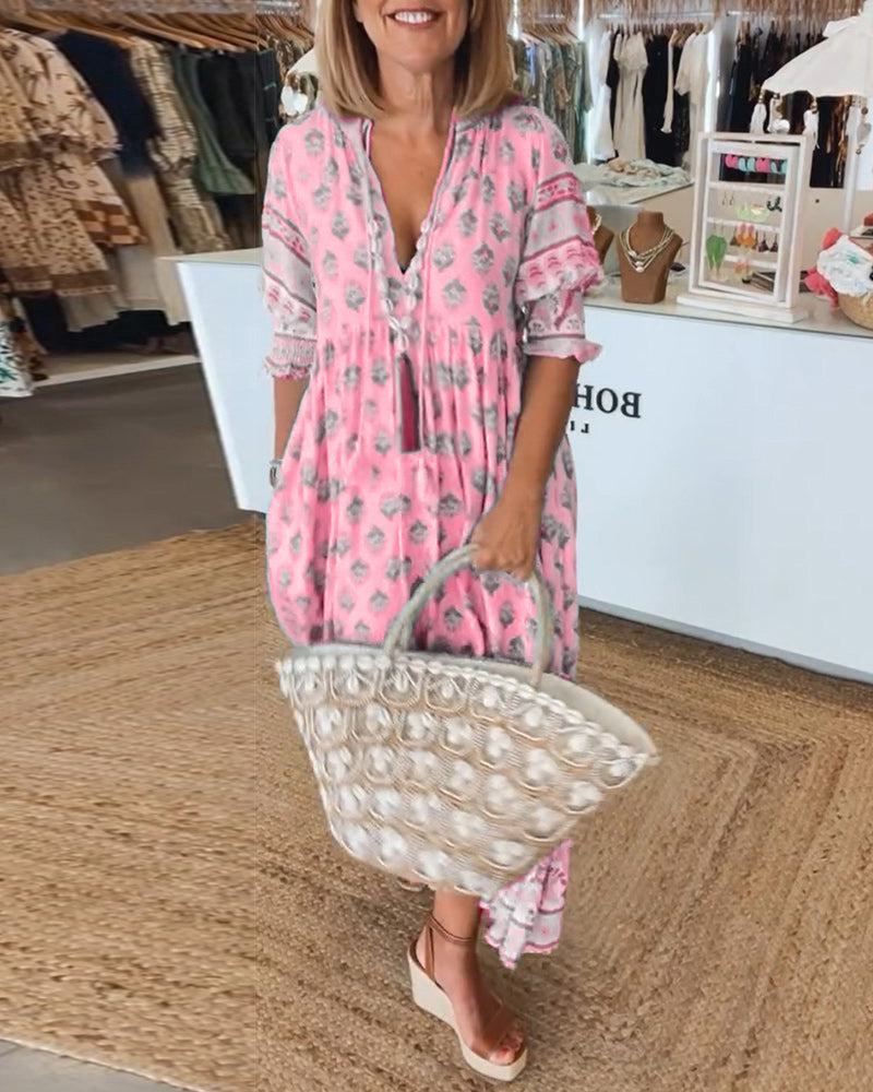 GIULIA | Chic Midi Dress with V-Neck and Puff Sleeves