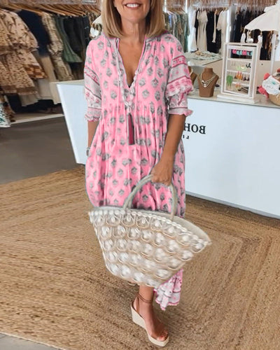 GIULIA | Chic Midi Dress with V-Neck and Puff Sleeves