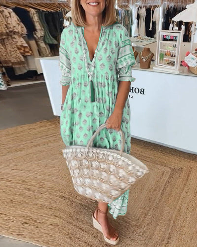 GIULIA | Chic Midi Dress with V-Neck and Puff Sleeves