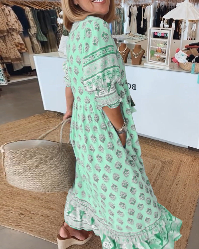 GIULIA | Chic Midi Dress with V-Neck and Puff Sleeves