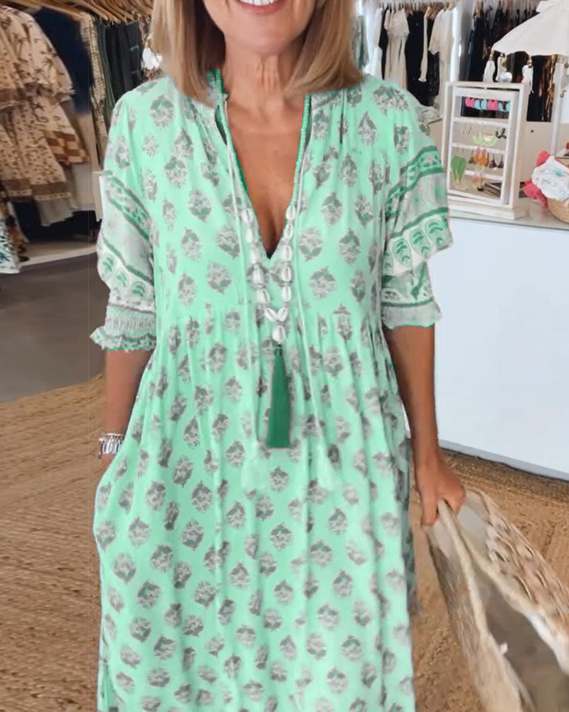 GIULIA | Chic Midi Dress with V-Neck and Puff Sleeves