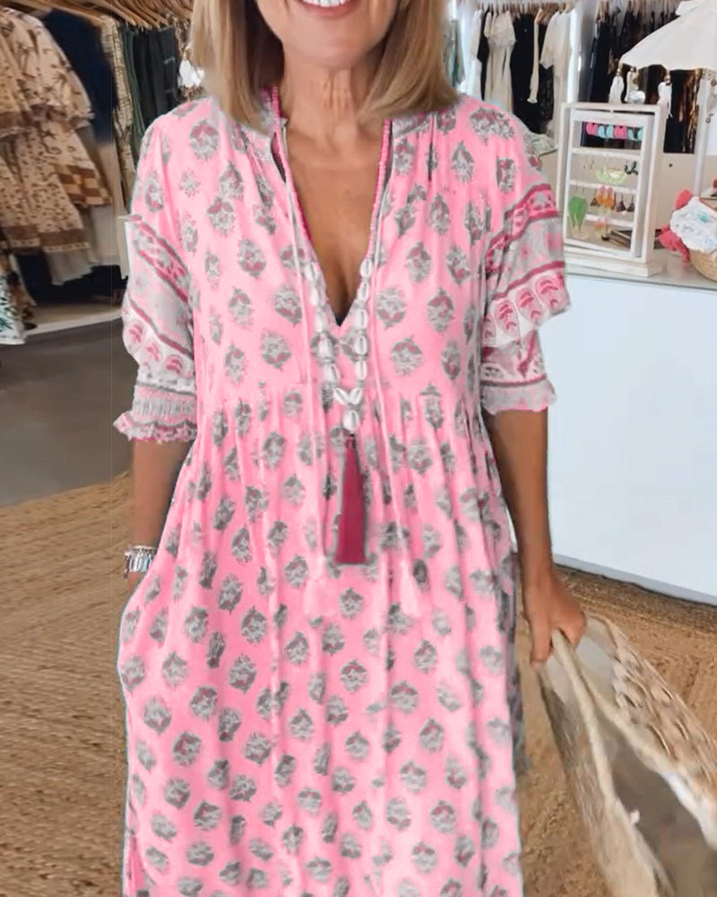 GIULIA | Chic Midi Dress with V-Neck and Puff Sleeves