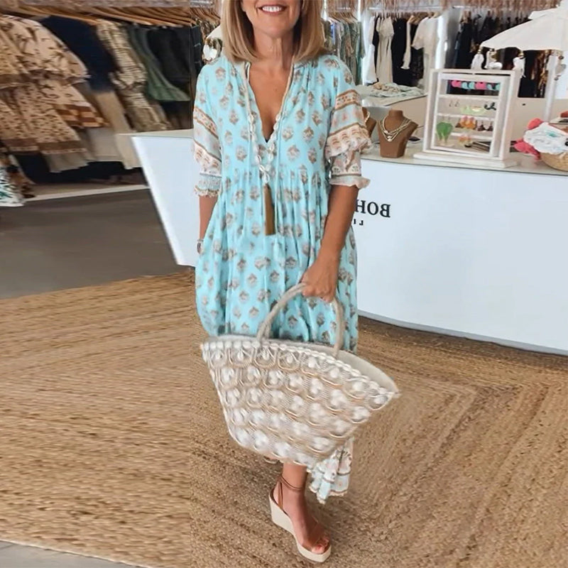 GIULIA | Chic Midi Dress with V-Neck and Puff Sleeves