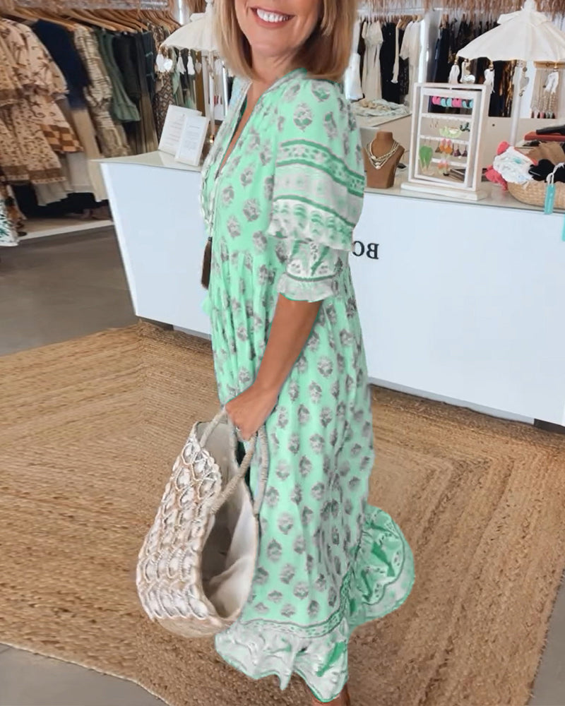 GIULIA | Chic Midi Dress with V-Neck and Puff Sleeves