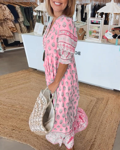 GIULIA | Chic Midi Dress with V-Neck and Puff Sleeves