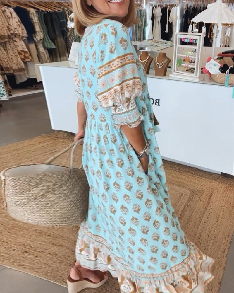 GIULIA | Chic Midi Dress with V-Neck and Puff Sleeves