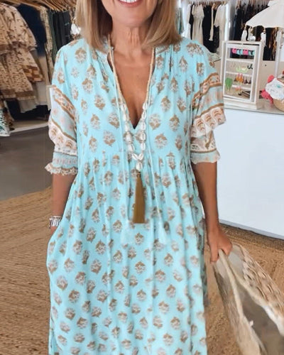 GIULIA | Chic Midi Dress with V-Neck and Puff Sleeves