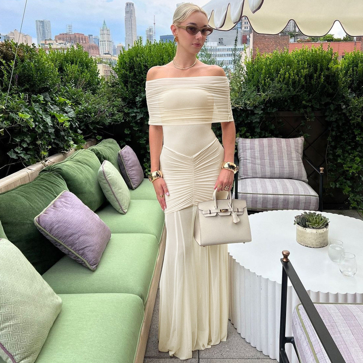 Michaela | Off-Shoulder Pleated Mesh Maxi Dress