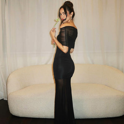 Michaela | Off-Shoulder Pleated Mesh Maxi Dress