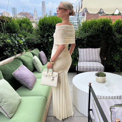 Michaela | Off-Shoulder Pleated Mesh Maxi Dress