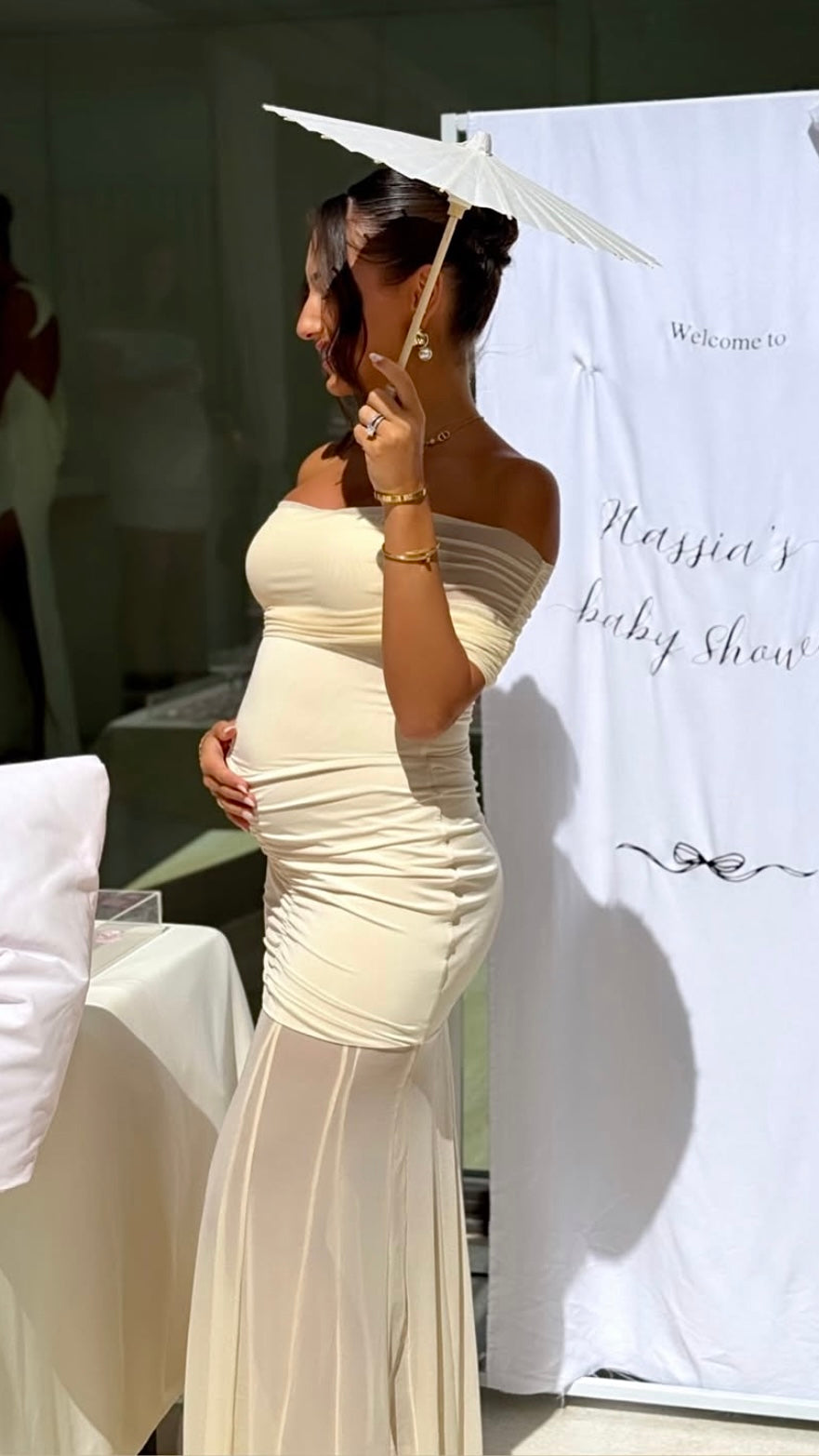Michaela | Off-Shoulder Pleated Mesh Maxi Dress