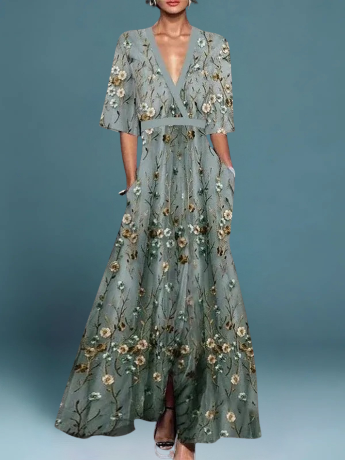 Lauren - Elegant Floral V-Hals Bælte Boho Kjole