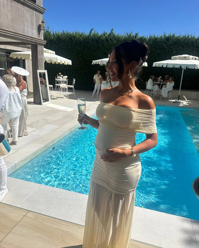Michaela | Off-Shoulder Pleated Mesh Maxi Dress